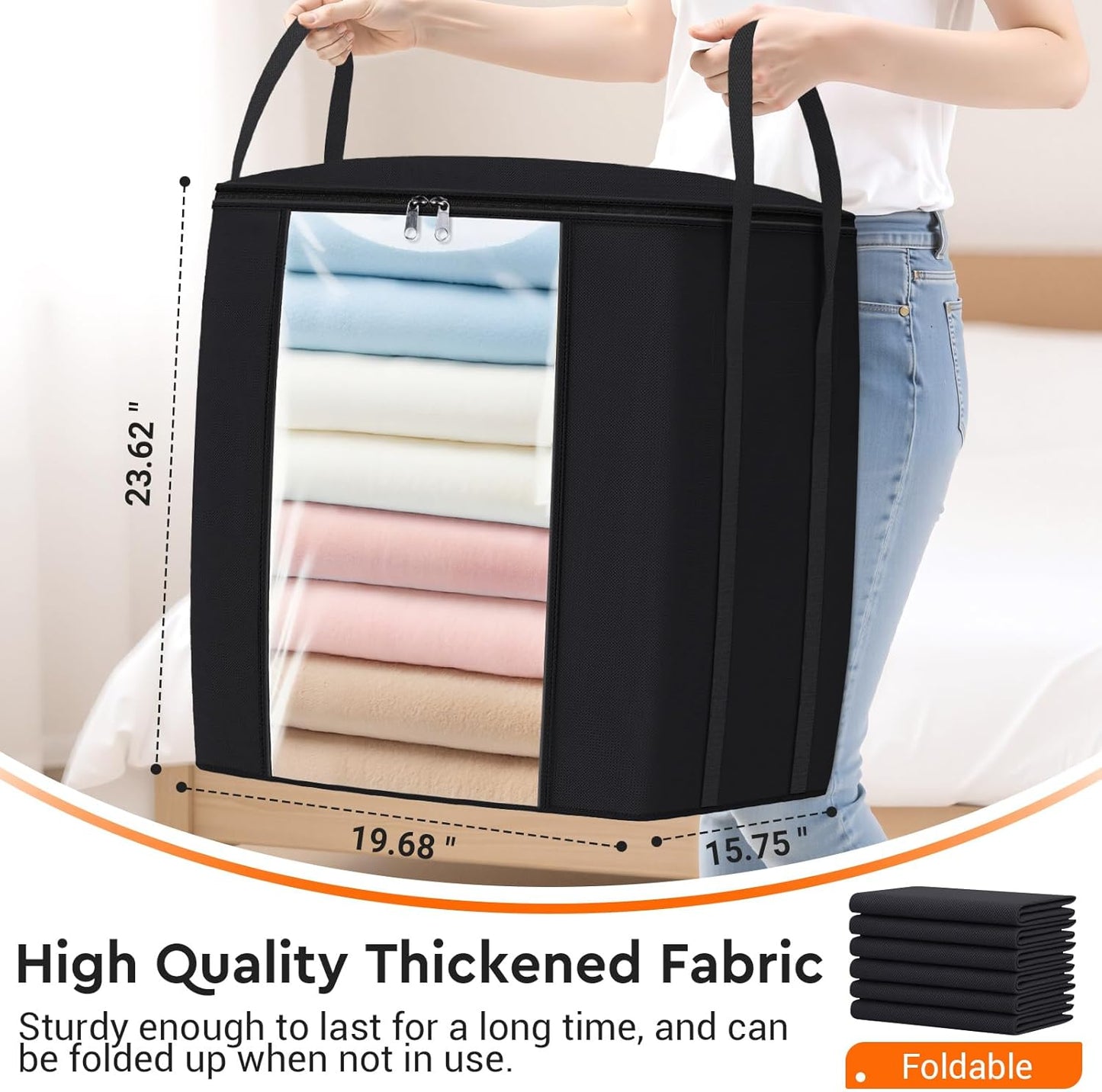 TasticTotes 120L Extra Large Clothes Storage Bags, Foldable Blanket Storage and Organization, Thick Fabric Containers with Reinforced Handles & Zippers for Clothing, Comforters, Bedding, Gray, 1 Pack