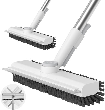 Floor Scrub Brush with Long Handle, 3 in 1 Scrape and Heavy-Duty Stiff Bristle Scrubber Brush Broom for Cleaning Shower Bathroom, Patio, Pool, Garage, Kitchen, Wall and Deck (White, 1 Pack)