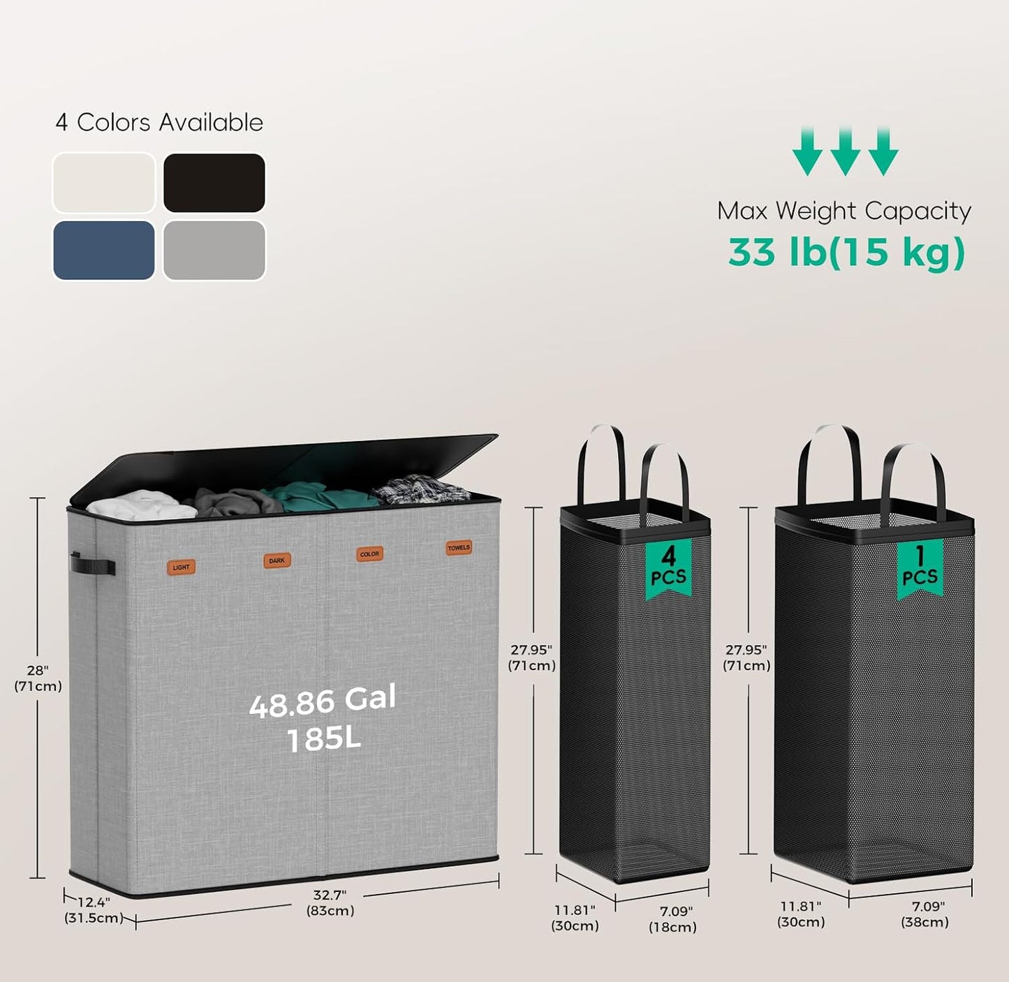 185L Laundry Hamper 3 Section with Lid & Removable Bags | Collapsible laundry basket organizer for laundry room, bedroom & dorm with 3 removable washing bags