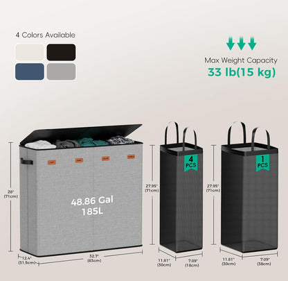 185L Laundry Hamper 3 Section with Lid & Removable Bags | Collapsible laundry basket organizer for laundry room, bedroom & dorm with 3 removable washing bags