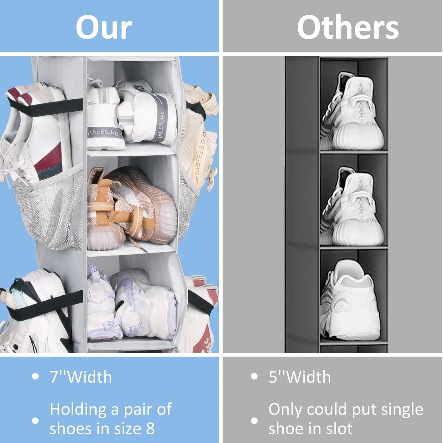 SLEEPING LAMB Short Hanging Shoe Organizer for Closet Storage with Mesh Side Pockets Holds 8 Pairs, Hanging Shoe Rack Hanger RV, Camper, Grey