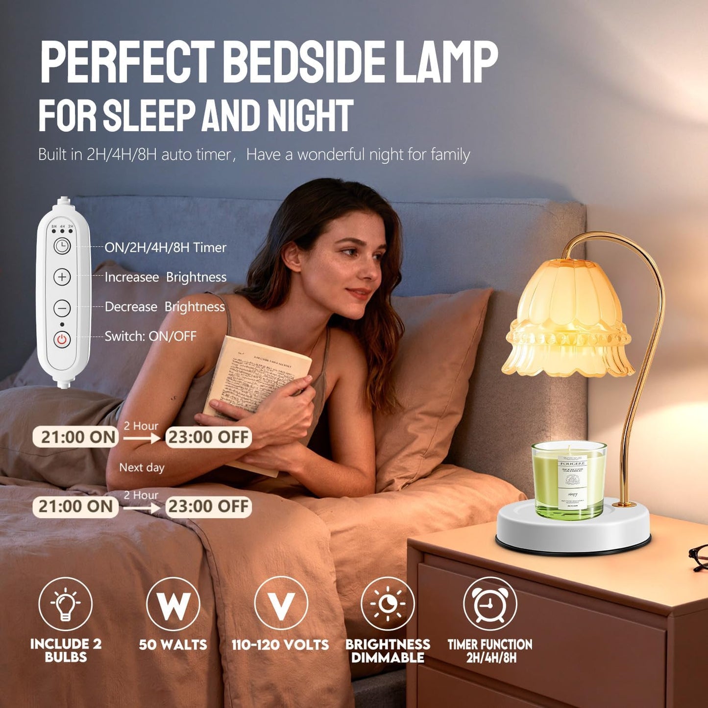Fragrance Candle Warmer Lamp with 2 Bulbs Electric Candle Warmer with Timer & Dimmer for Home Decor