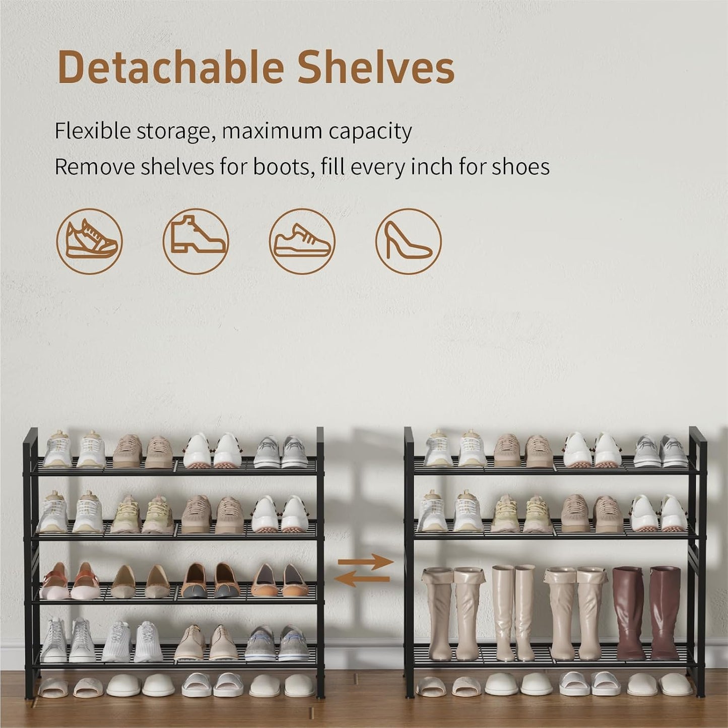 Stackable Shoe Rack, 6 Tier Metal Shoes Rack Storage Organizer,Large Capacity Shoe Shelf Max Holds 30 Pairs of Shoes,Sturdy and Stable, for Closet, Entryway,Garage，Black