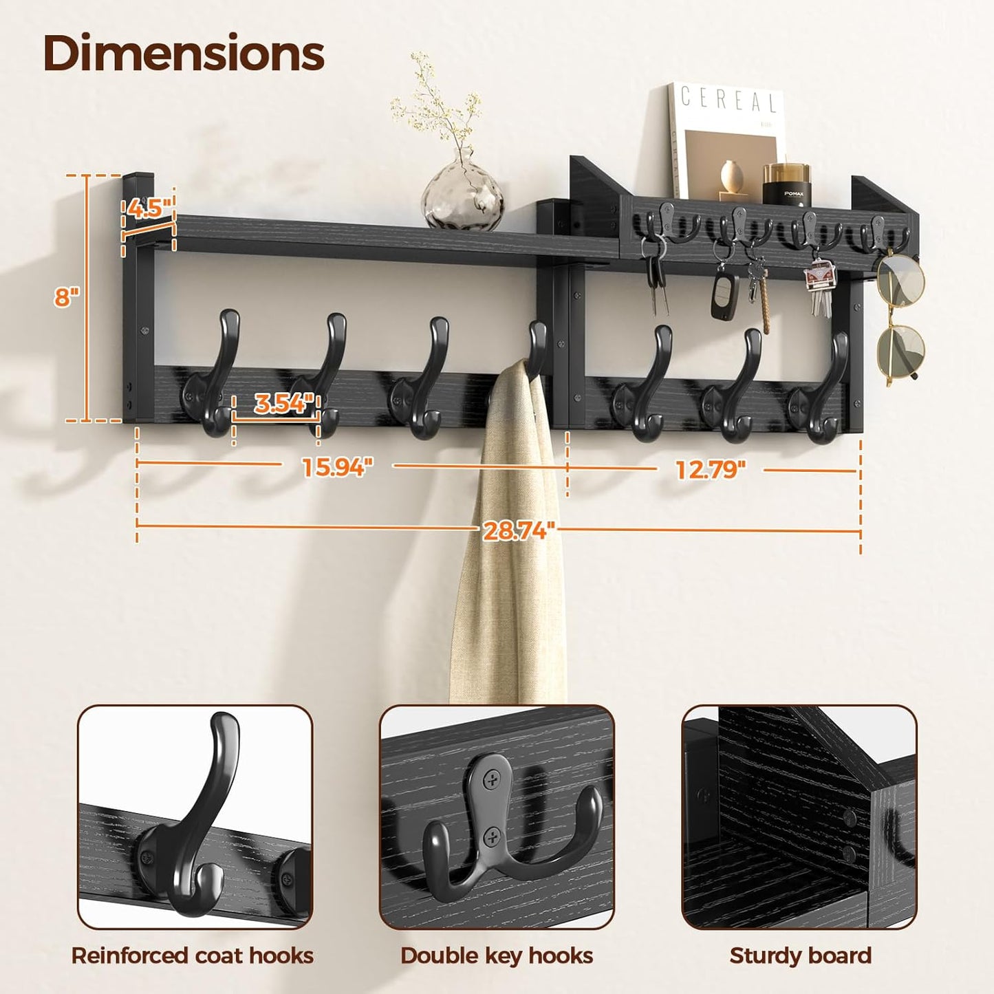 Evermagin 29" Coat Rack Wall Mount with Shelf, 4 in 1 Coat and Key Hanger with 11 Metal Hooks, Entryway Wall Mounted Shelf with Mail Holder for Living Room, Bedroom, Rustic Brown