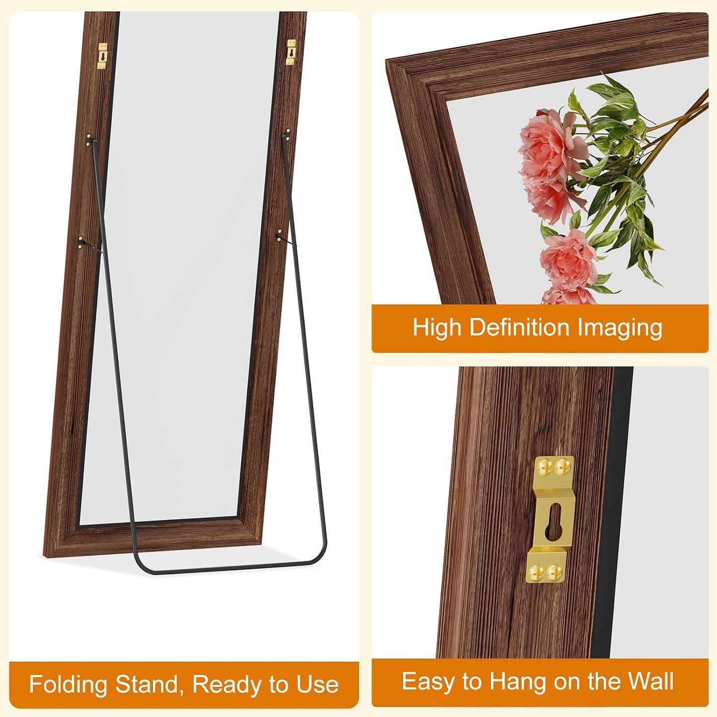 ZHUNFA Full Length Mirror, 71x32 Inch Full Length Mirror Wall Mounted | Vertical Hanging, Leaning Standing for Bedroom, Living Room, Rectangular Wooden Frame, Log Color.