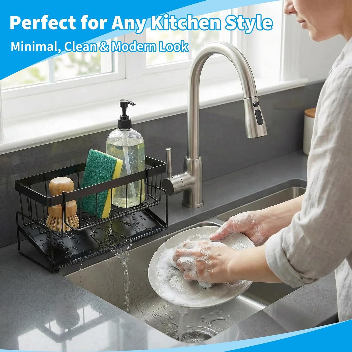 Dish Soap Holder - Kitchen Sink Caddy Organizer, Kitchen Countertop Organizer, with Stainless Steel Self Drain Tray, Rust-Free, for Sponge, Dish Soap Dispenser and Brush Storage Accessories, Black