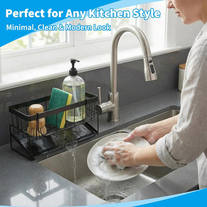 Dish Soap Holder - Kitchen Sink Caddy Organizer, Kitchen Countertop Organizer, with Stainless Steel Self Drain Tray, Rust-Free, for Sponge, Dish Soap Dispenser and Brush Storage Accessories, Black