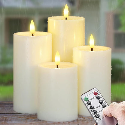 Yeelida Outdoor 4pcs Flameless Waterproof Candles with Handy Remote Control, Cycle Timer Battery Operated Candle Grease Effect LED Flickering Pillar Plastic Long Lasting (White, 3" x4" 5" 6" 7")