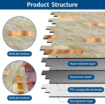 Yipscazo 2026 New Upgrade 11.34" X 11.57" Peel and Stick Backsplash, Stick on Backsplash Tiles for Kitchen, Bathroom, Fireplace (10 Sheets, Beige Rocks + Rose Gold)