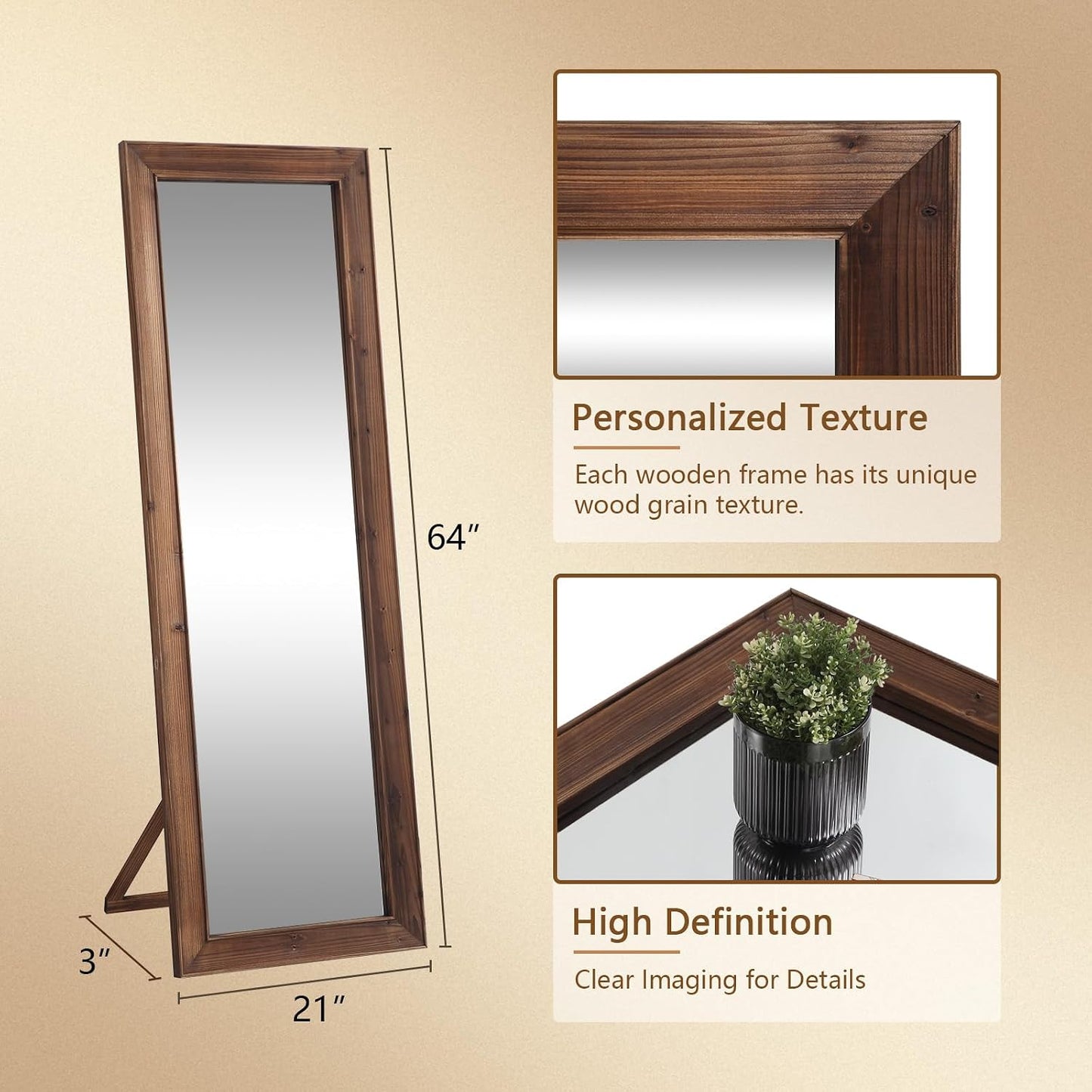 Rustic Farmhouse Full Length Mirror, 64"x21" Wood Frame Floor Mirror, Free Standing Mirror Leaning Wall for Bedroom Living Room Cloakroom, Rustic Brown