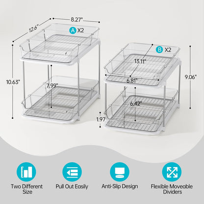 Delamu 2 Sets of 3-Tier Bathroom Under Sink Organizers and Storage, Multi-Purpose Stackable Pantry Organization and Storage, Pull Out Clear Kitchen Bathroom Cabinet Organizer with Movable Dividers | Storage