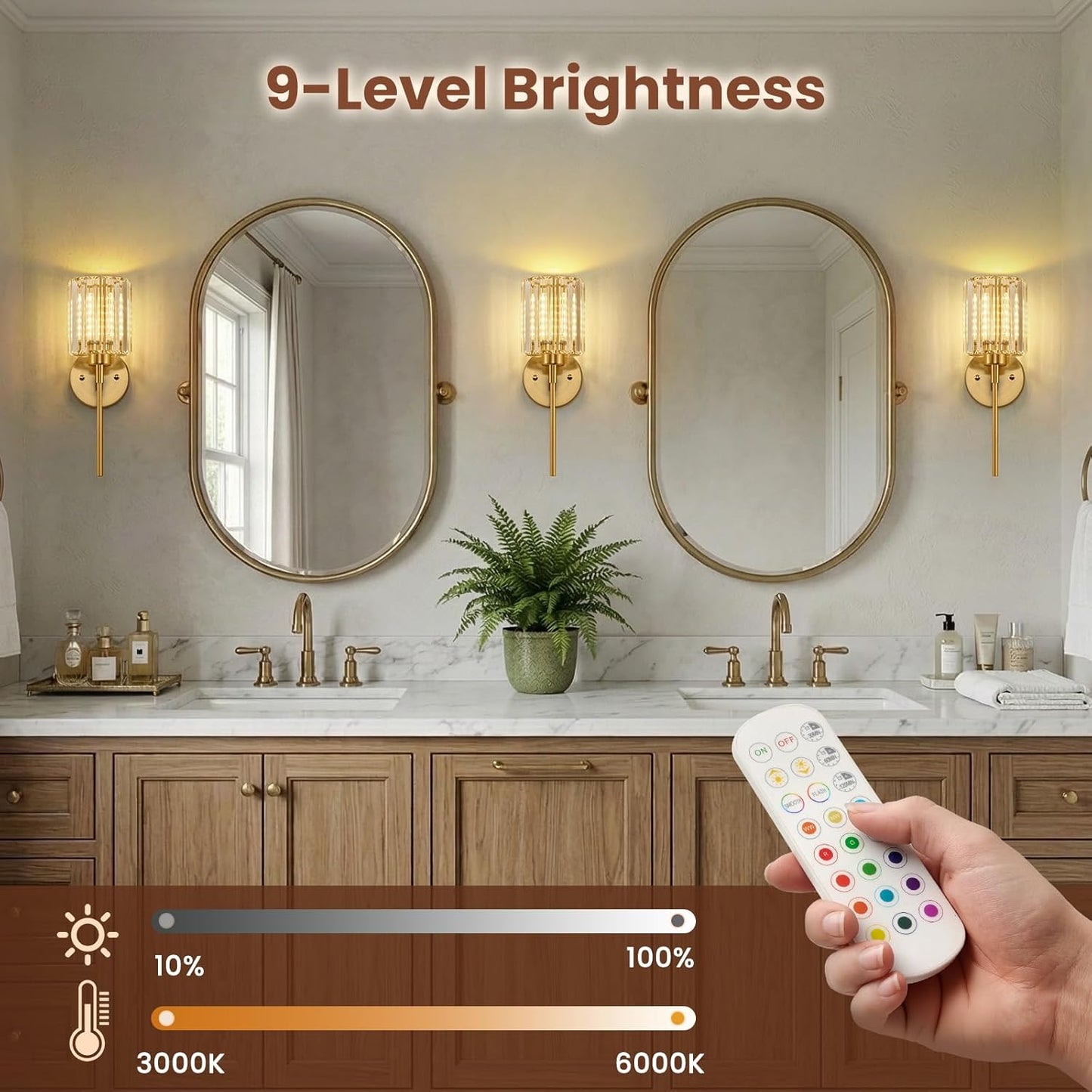 Crystal Battery Operated Wall Sconces, Brushed Gold Rechargeable Wireless Wall Sconce Lights with Dimmable Bulbs and Remote, 12 Colors and 3CCT Dimmable Crystal Lamps for Living Bedroom, 3000~6000K