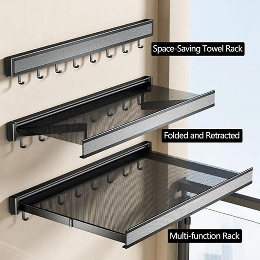 Wall-Mounted Dry Racks Retractable for Bathroom Wall Mounted with Hooks Clothes Drying Rack Bathroom Shelf for Collapsible Storage Rack Foldable Towel Holder for Kitchen, Balcony Laundry Room