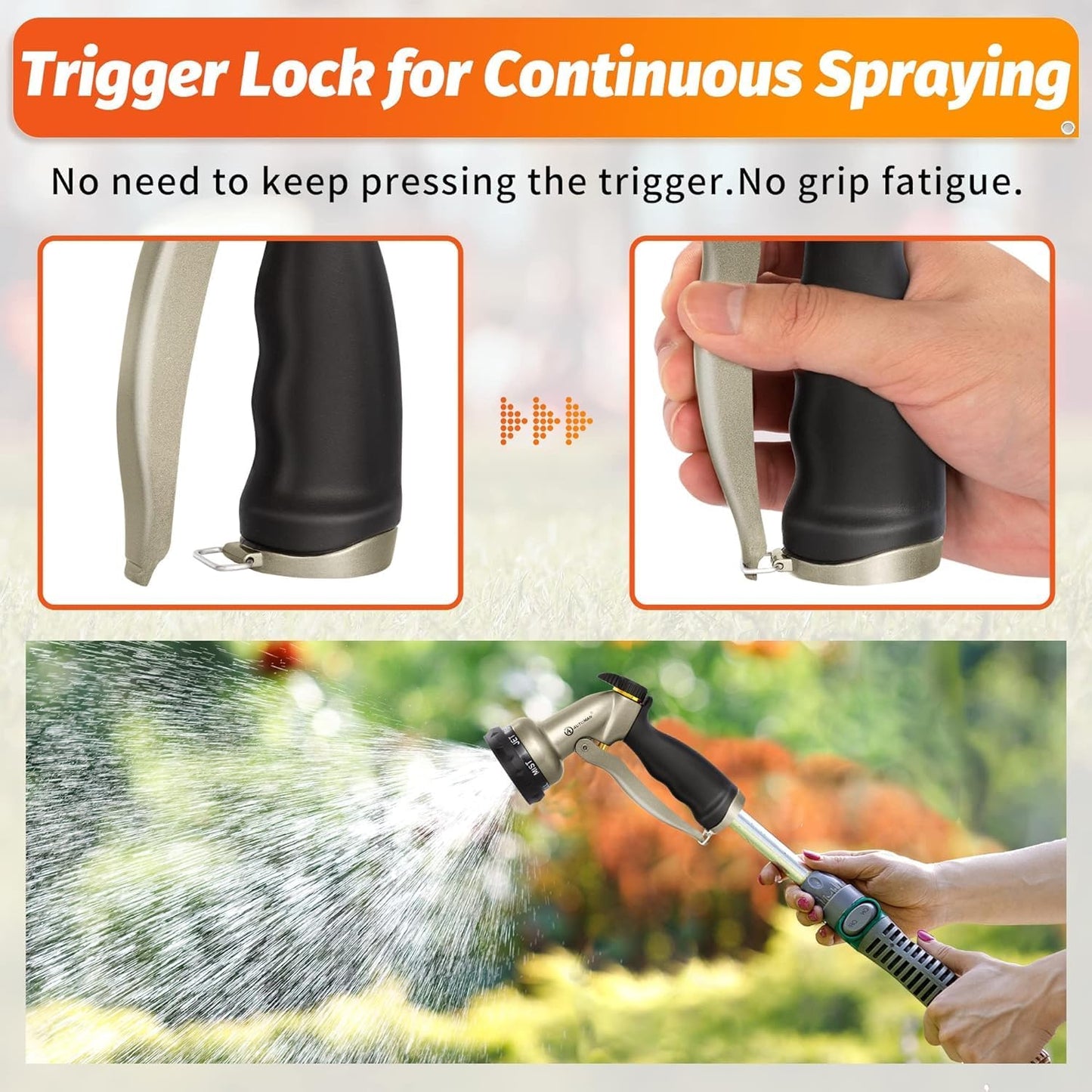 AUTOMAN Garden Hose Nozzle - 2 Pack, 100% Metal High Pressure Spray Nozzle, Labor-Saving Design, Heavy Duty for Garden Watering, Car Washing, Window Cleaning, Pets Bathing