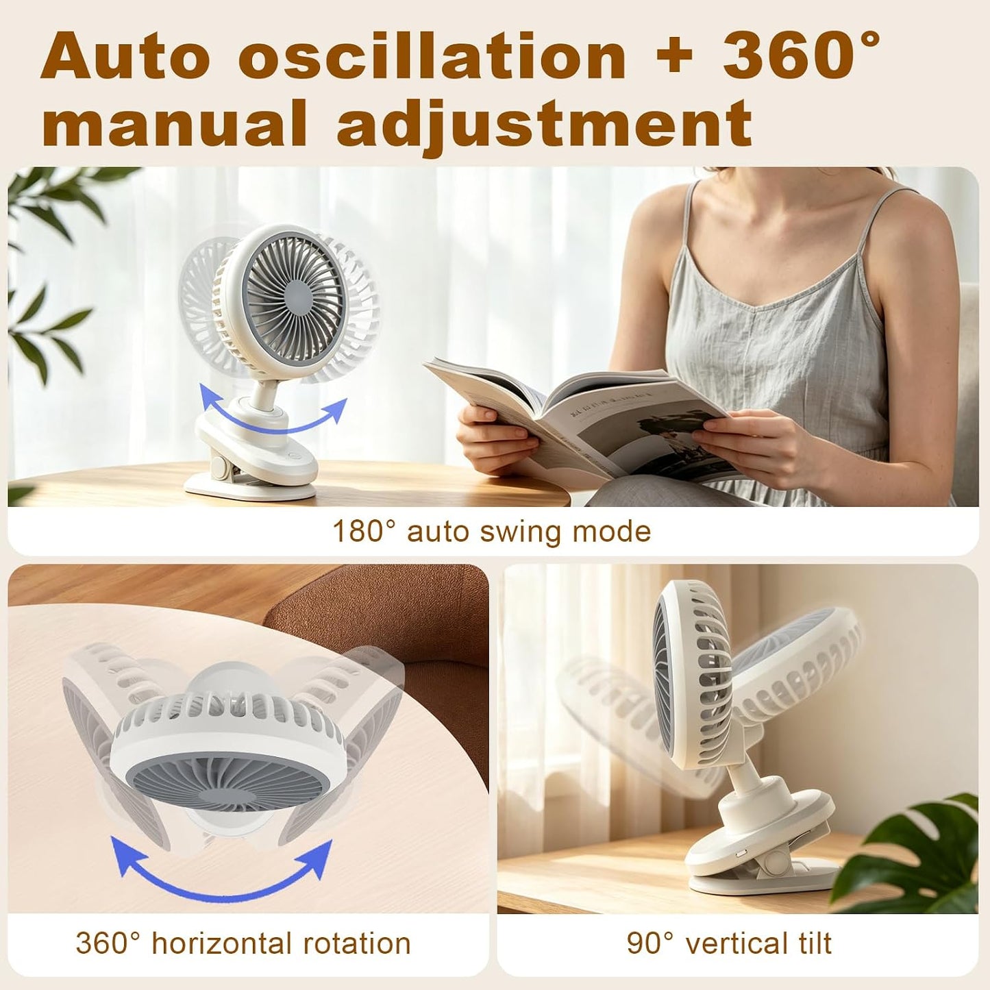 USB Clip On Fan, 180° Auto Oscillation 4-Speed Rechargeable Personal Fan with 3600mAh Battery, Quiet Brushless Motor, 3.2cm Strong Clip for Home, Office, Bedroom, Camping, Travel White