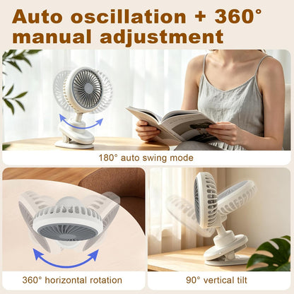 USB Clip On Fan, 180° Auto Oscillation 4-Speed Rechargeable Personal Fan with 3600mAh Battery, Quiet Brushless Motor, 3.2cm Strong Clip for Home, Office, Bedroom, Camping, Travel White