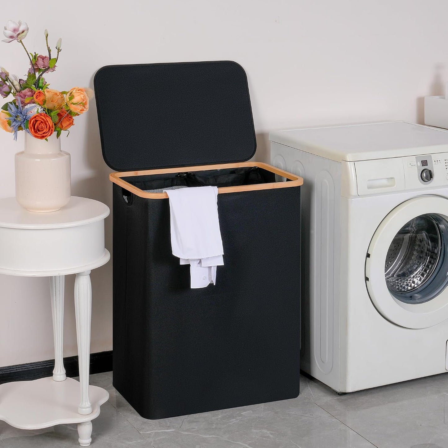 efluky Slim Laundry Basket with Lid, Narrow Laundry Hamper with Removable Bag, Skinny Dirty Clothes Basket with Bamboo Handles for Bathroom, Bedroom & Laundry Room, 75L Beige