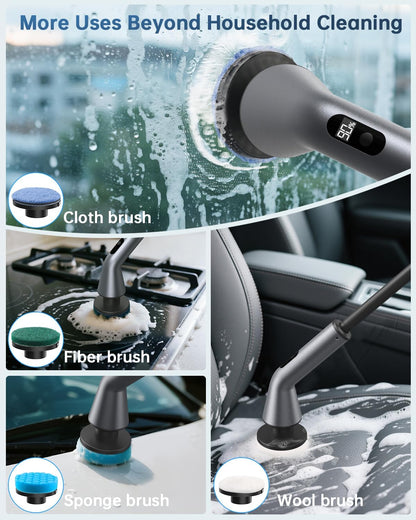 VICNOVA Electric Spin Scrubber, IPX7 Waterproof 2-Speed, Extendable Long Handle Cordless Cleaning Brush with 7 Replacement Brush Heads for Bathroom Shower Bathtub Glass Tub Tile Floor Car