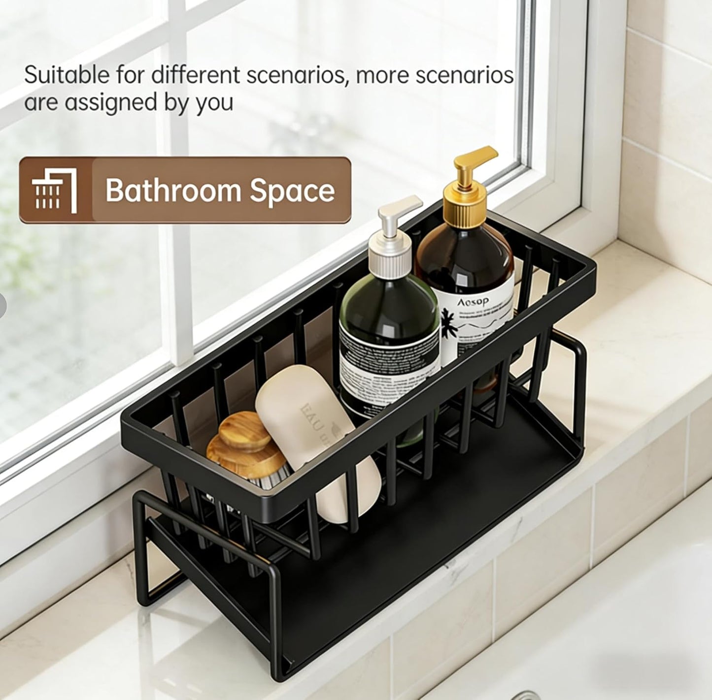 Stainless Steel Sink Caddy – Sponge Holder with Self-Drain Tray, Suction Cups & Adhesive Hook, 3-in-1 Kitchen Organizer for Sponge, Brush, Scrubber,Black