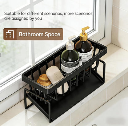 Stainless Steel Sink Caddy – Sponge Holder with Self-Drain Tray, Suction Cups & Adhesive Hook, 3-in-1 Kitchen Organizer for Sponge, Brush, Scrubber,Black