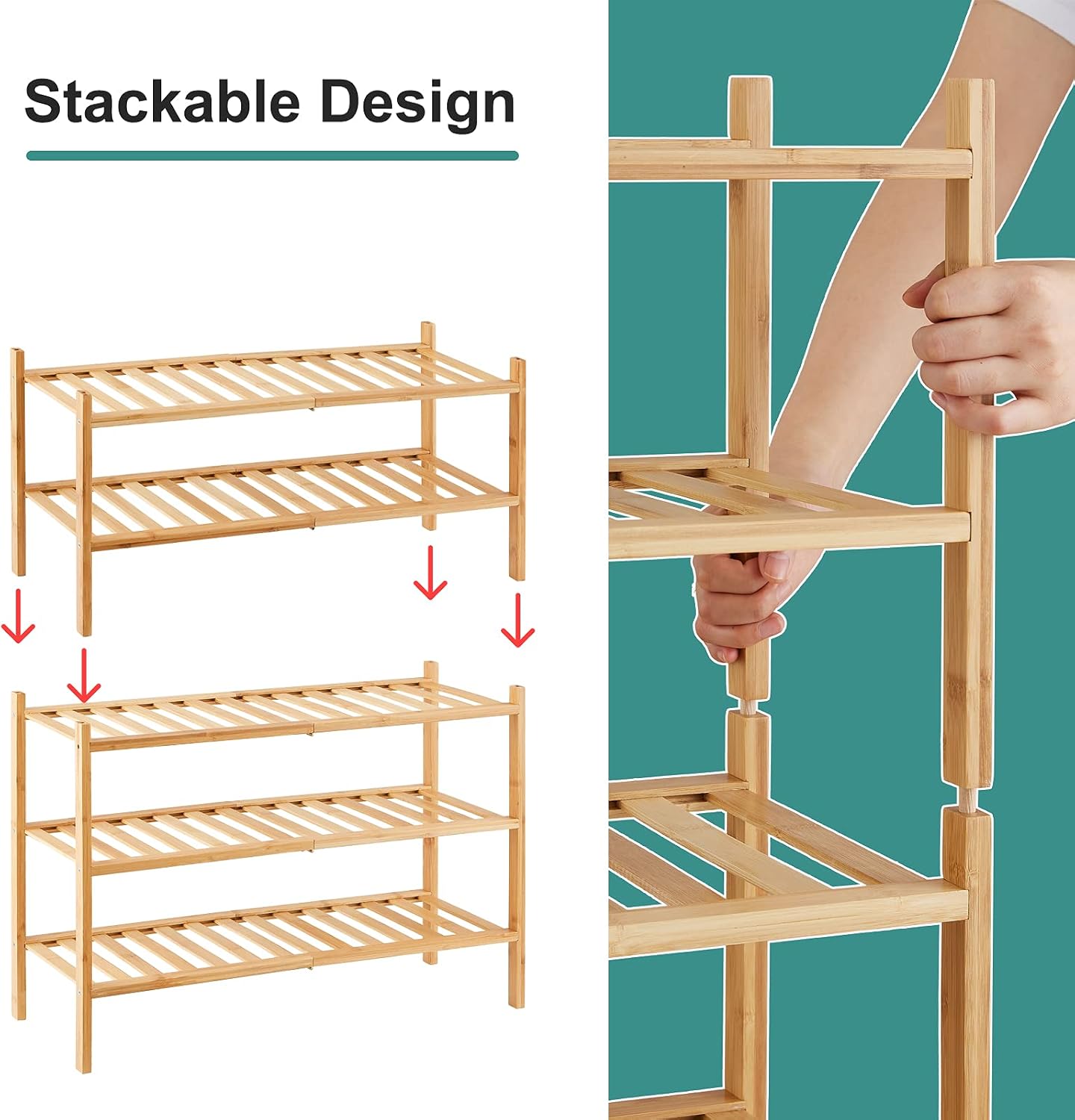viewcare 3-Tier Black Bamboo Shoe Rack for Entryway, Stackable | Foldable | Natural, Shoe Shelf Storage Organizer for Hallway Closet, Free Standing Shoe Racks for Indoor Outdoor