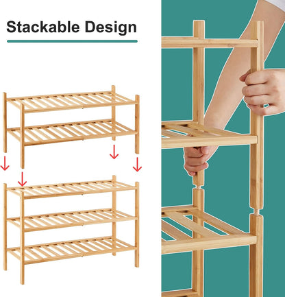 viewcare 3-Tier Black Bamboo Shoe Rack for Entryway, Stackable | Foldable | Natural, Shoe Shelf Storage Organizer for Hallway Closet, Free Standing Shoe Racks for Indoor Outdoor