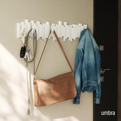 Umbra Sticks Wall-Mounted Coat Rack Rail Hook with 5 Retractable Pegs – Modern, Space-Saving Storage Organizer, Black