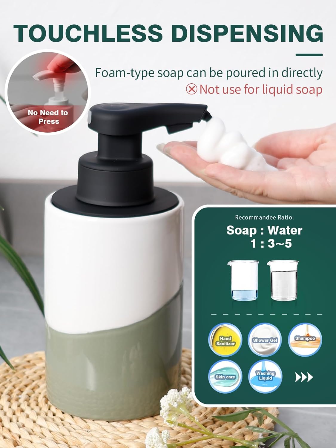 BosilunLife Automatic Soap Dispenser Ceramic Hand Free Soap Dispenser with Waterproof Pump Rechargeable Smart Electric Lotion Soap Dispenser Touchless (White-Green, Foam Pump)