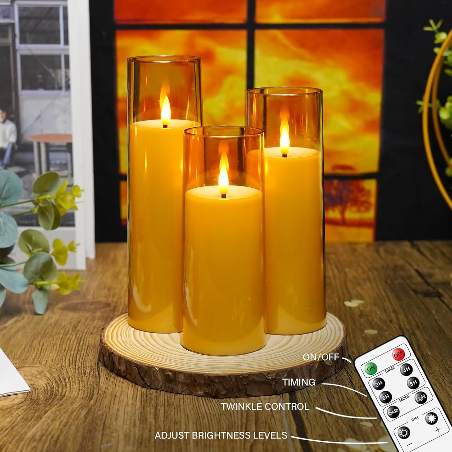 kakoya Flickering Flameless Candles Battery Operated with Remote and 2/4/6/8 H Timer Plexiglass Led Pillar Candles Pack of 9(D2.3 xH5.5 6.5" 7.5") with Realistic 3D Wick Candles for Home Decor(Ivory)