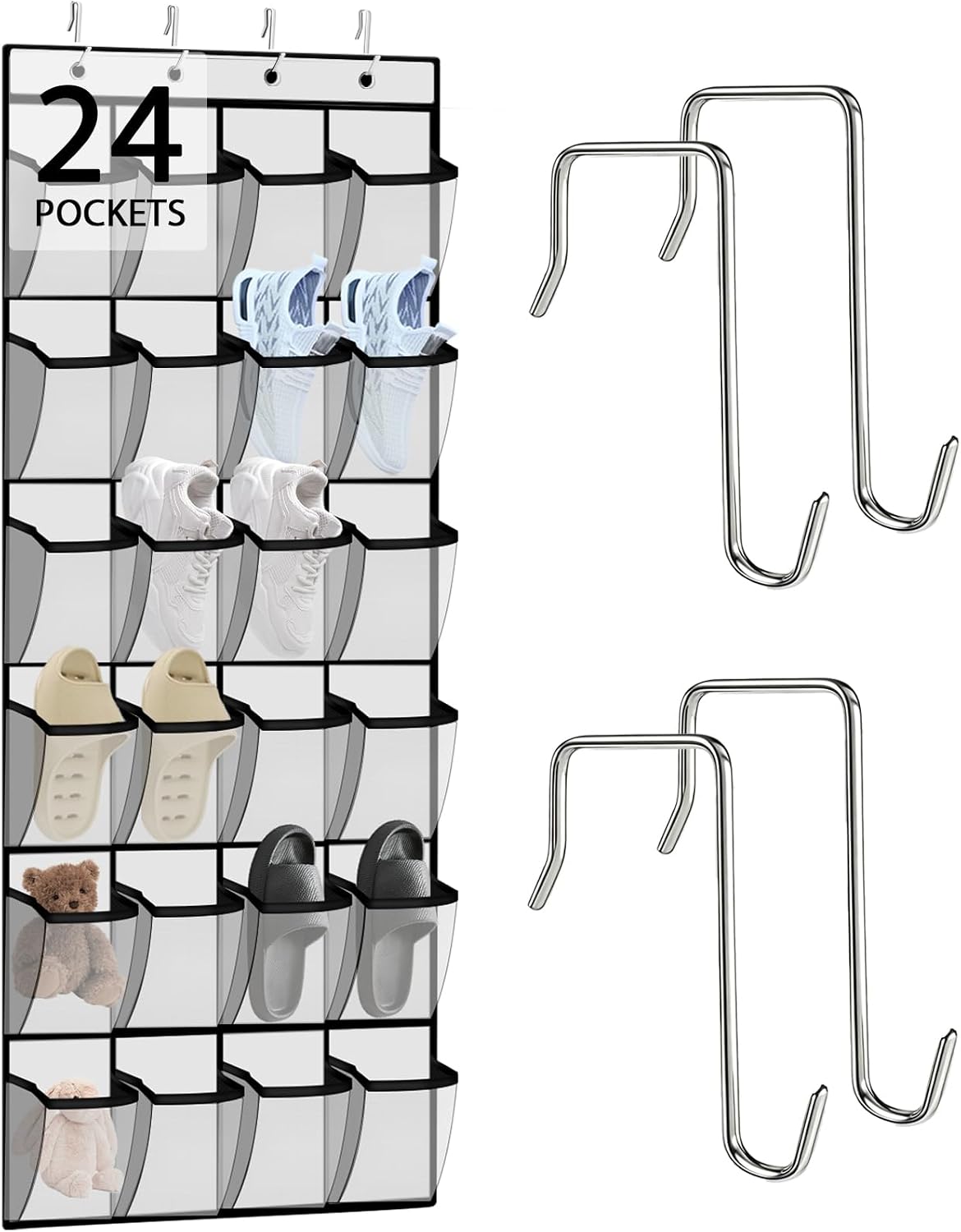 Over the Door Shoe Organizer - 24 Large Breathable Mesh Pockets, Space Saving Hanging Shoe Organizer with Metal Hooks, Hanging Shoe Rack for Men's and Women's Shoes (White)
