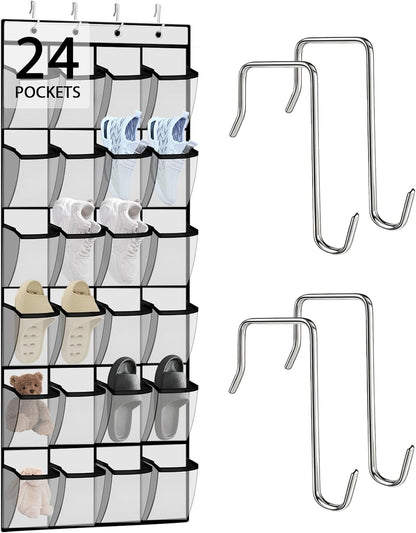 Over the Door Shoe Organizer - 24 Large Breathable Mesh Pockets, Space Saving Hanging Shoe Organizer with Metal Hooks, Hanging Shoe Rack for Men's and Women's Shoes (White)