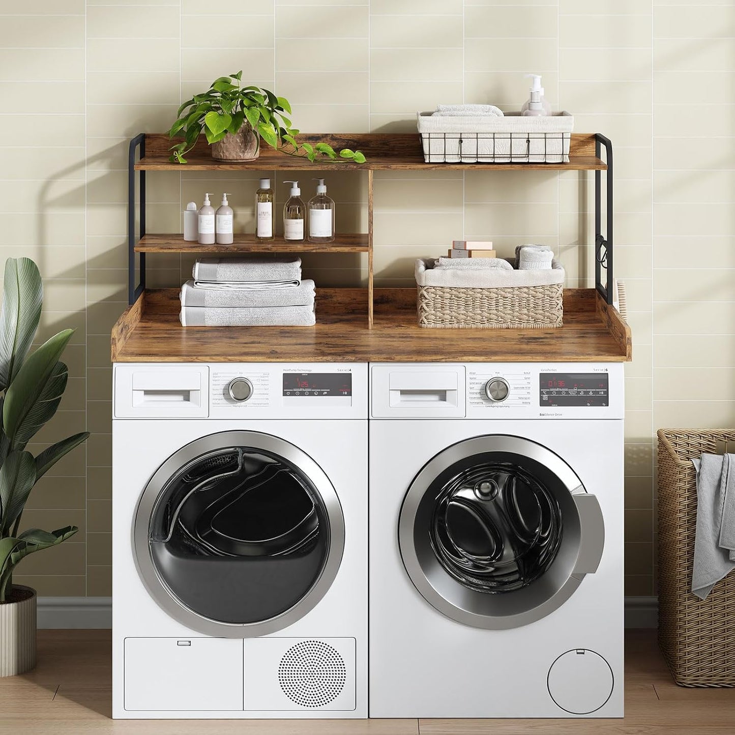 HavenlyYouth Washer and Dryer Countertop with Shelves, 54" x 27.56" 3 Tiers Large Laundry Topper with 2.95" Edge Rails, Laundry Room Storage and Organization with 2 Hooks and Non-Slip Pads