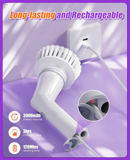 6-in-1 Cordless Electric Spin Scrubber with Long Handle | Power scrubber, bathroom scrubber, 47.2 in long handle, 2 speed scrub brush, IPX7 rated body, kitchen, tile, tub, floor
