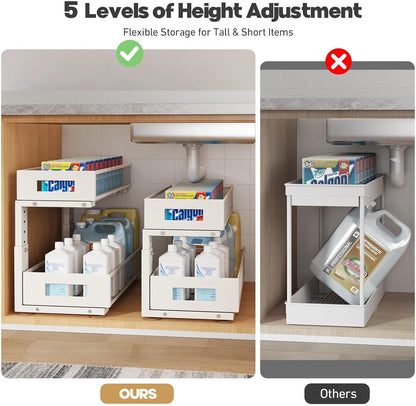 Under Sink Organizer, 2-Tier Dual Pull Out Cabinet Organizer Drawers With Smooth Circular Rail, Large Capacity Metal Mesh Sliding Shelves For Bathroom& Kitchen Storage,Height Adjustable–White,2 Packs