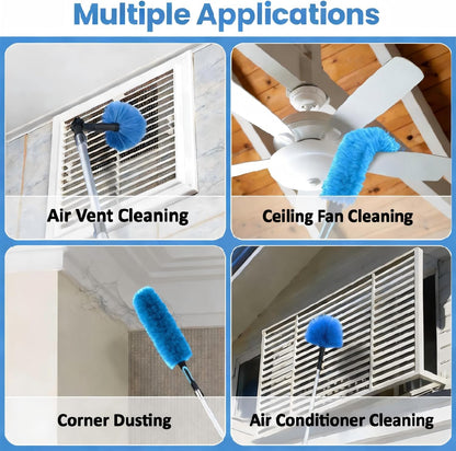20ft High Ceiling Duster Kits with 5-12ft Heavy Duty Extension Pole - Fan Blade Cleaner, Cobweb Remover & Blue Window Squeegee Kit, Washable Dust Brush for High Roof and Glass Surfaces
