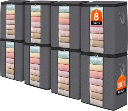 SpaceWhisper 3 Pack 100L Clothes Storage, Foldable Thick Fabric Blanket Storage Bags, Containers for Organizing Bedroom, Closet, Clothing, Comforter,Closet Organization with Handle,Grey