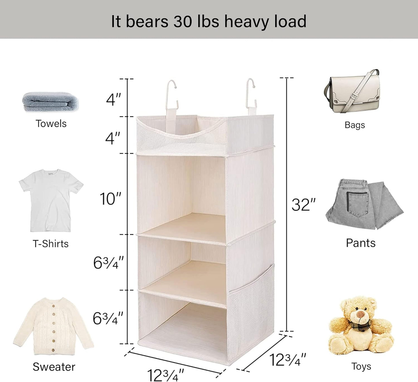 StorageWorks Hanging Closet Organizer, 3-Shelf Hanging Closet Shelves with Top Shelf, 15 ¾"W x 12" D x 31" H, Extra-Large Space, Ivory White