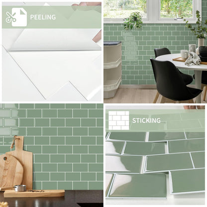 10-Sheet Thick Peel and Stick Kitchen Backsplash Tiles(Green,12"×12") | 3D Subway Waterproof Self-Adhesive Wall Tile Stick on Backsplash for Kitchen and Bathroom