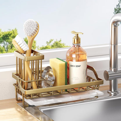 Consumest Sponge Holder for Kitchen Sink - Kitchen Sink Caddy Organizer with Removable Drip Tray for Countertop Dish Soap Dispenser Brush Storage Accessories 304 Stainless Steel - Black