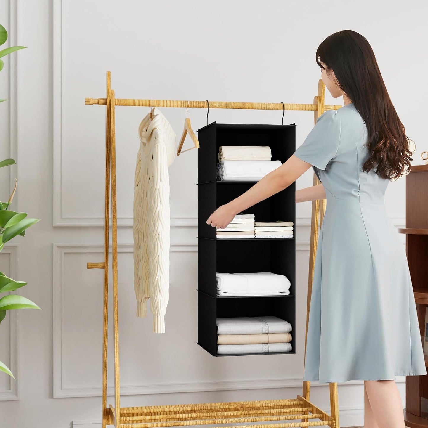 Hanging Closet Organizer 3-Shelf, Oxford Fabric Wardrobe Storage, Gray | Easy-mount foldable design holds clothes, handbags, shoes & accessories; washable Oxford fabric, sturdy and space-saving.