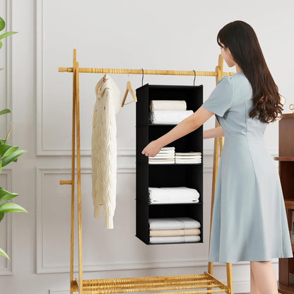 Hanging Closet Organizer 3-Shelf, Oxford Fabric Wardrobe Storage, Gray | Easy-mount foldable design holds clothes, handbags, shoes & accessories; washable Oxford fabric, sturdy and space-saving.