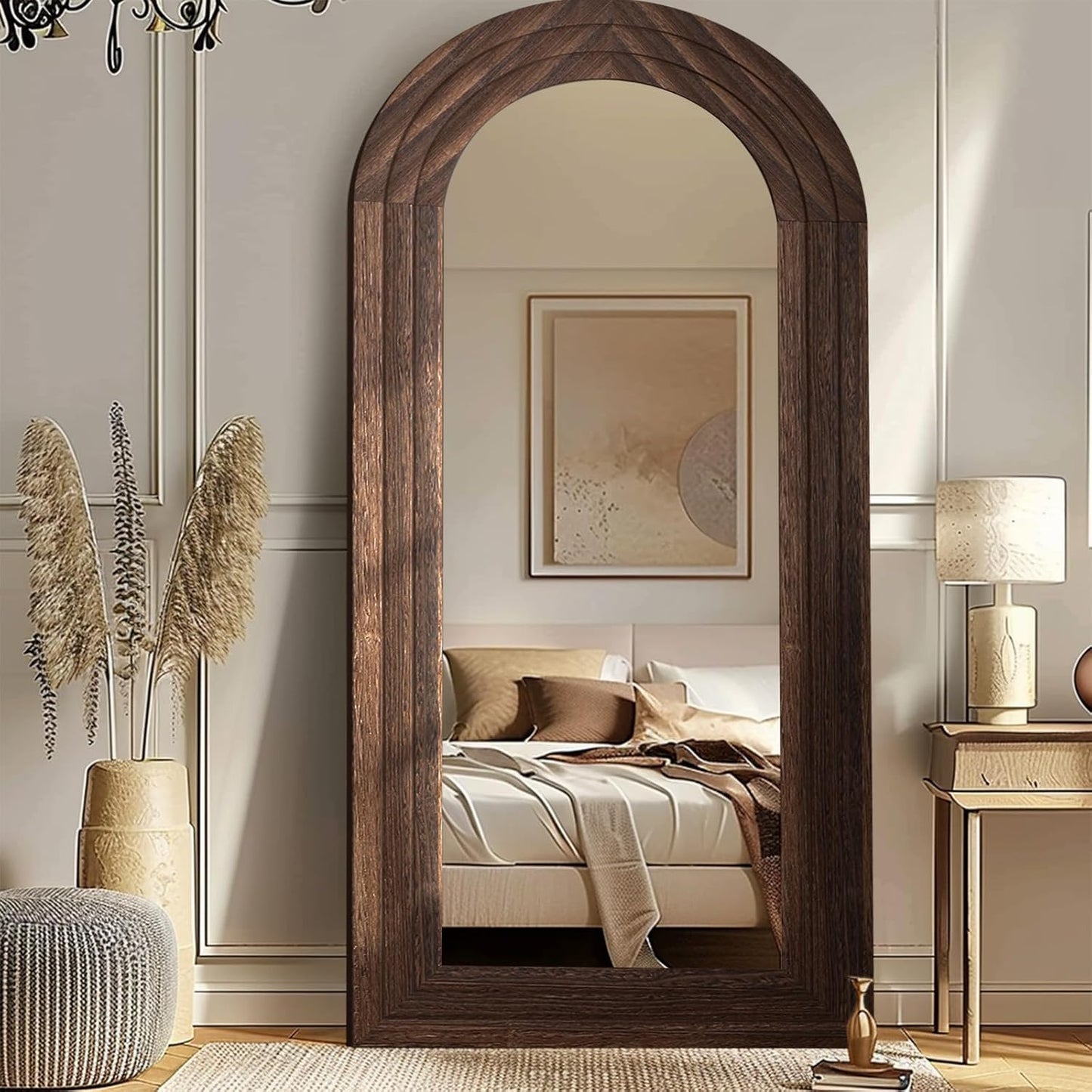 ZHUNFA Arched Full Length Mirror with Solid Wood Frame | 65x22 Farmhouse Wall Mirror Full Length with Stand, Vertical Hanging, Leaning Standing for Bedroom,Living Room, Rustic White