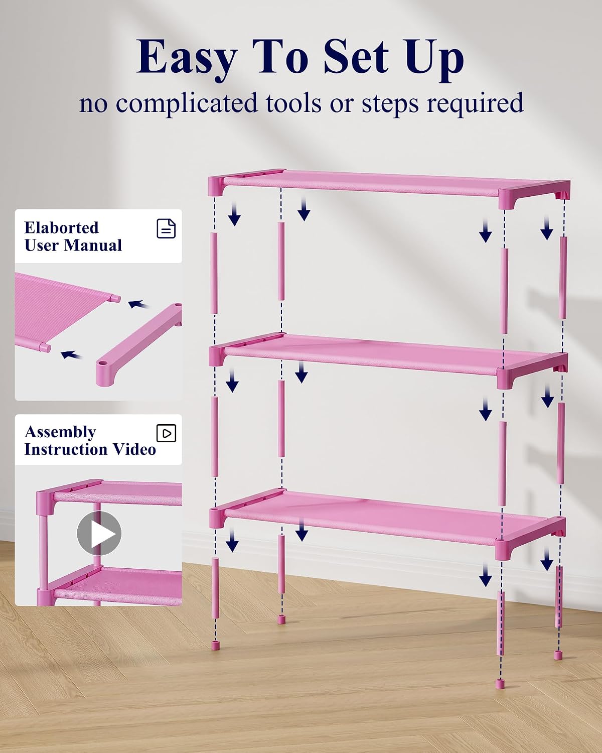 Kitsure Shoe Rack - Non-Woven Shoe Rack Shelf, Shoe Organizer for Closet, Entryway, Garage & Corridor, Stackable Shoe Shelves, 27.5" Wide - 3 Tier, Black