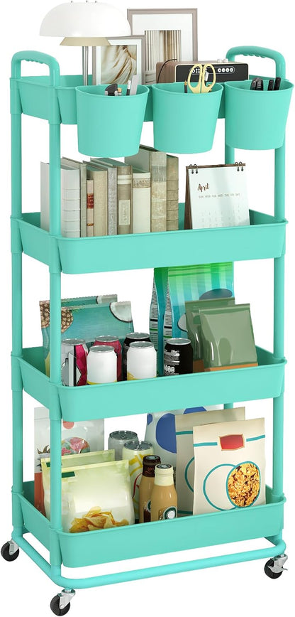 JIUYOTREE 4-Tier Plastic Rolling Storage Cart Utility Cart with Extra Hanging Cups Handles Lockable Wheels for Living Room Bathroom Kitchen Office White