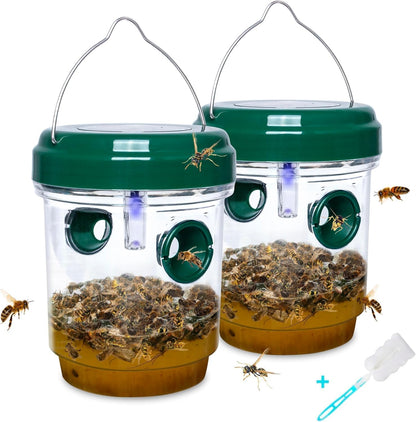 Solar Wasp Bee Trap, Outdoor Hanging LED Light Reusable Catcher for Outside | Brush Included, DIY Bait, Fits Hornet, Yellow Jacket, Wasp & Carpenter Bee, All-day Outdoor Use for Garden, Orchard & Farm