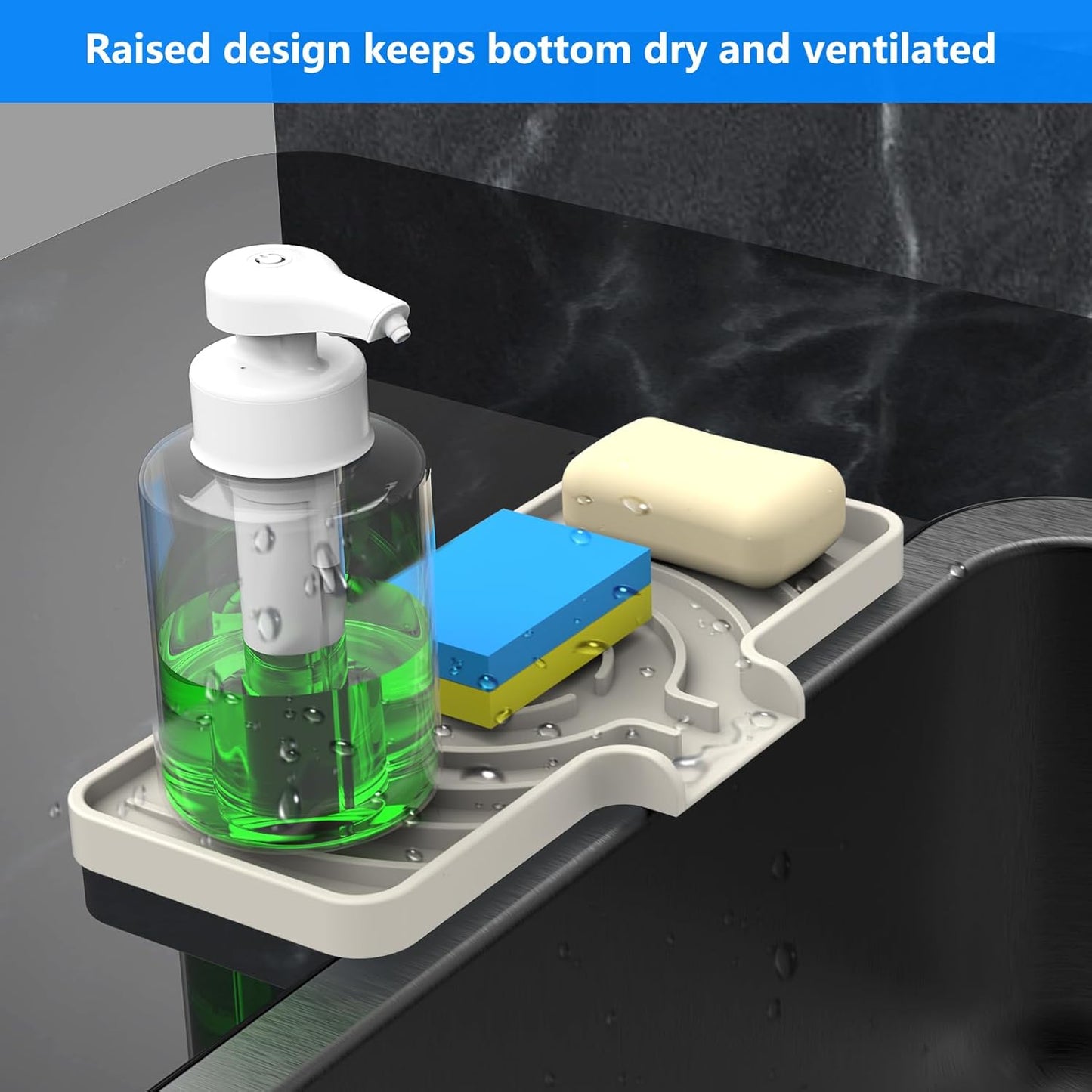 Sponge Holder for Kitchen Sink, Dish Sponge Holder & Soap Tray with Drain, Bathroom Sink Sponge Drying Rack & Perfect Organizer for Dispenser,Bottle,Cup on Sinks or Counter(8"x 4"Gray)