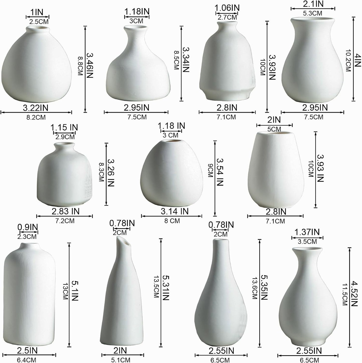 JOJUNO White Bud Vases, Small Ceramic Vase Set of 11, Mini Pottery Vases for Flowers, Decorative Pieces for Home Modern Decor, Boho Decor, Chic Accents for Living Room Dining Table Shelves