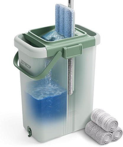 JOYMOOP Mop and Bucket Set, Flat Mops for Floor & Wall Cleaning, Commercial & Household Use, Hardwood Floor Mop with Long Handle & 4 Microfiber Pads