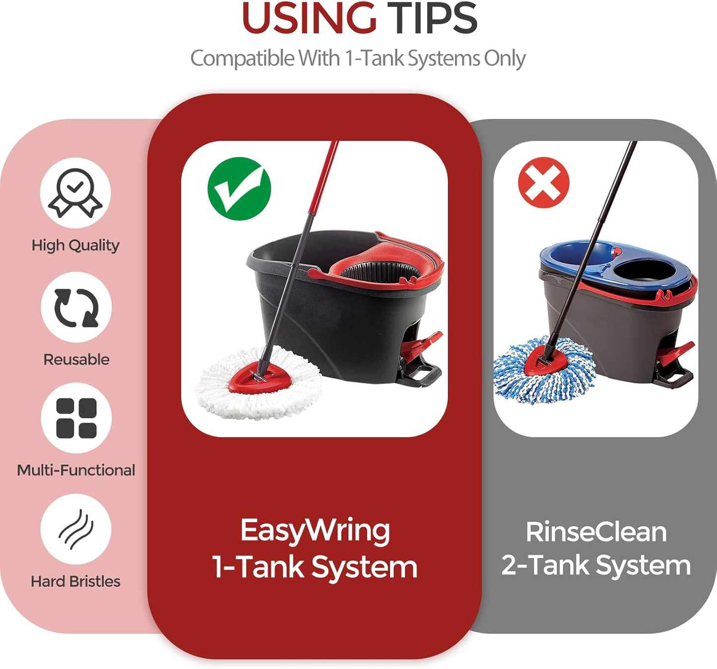 Spin Mop Scrub Brush Head Compatible with EasyWring 1-Tank System, 2 Pack Hard Bristle Brush for Tile, Tub, Bathroom & Kitchen Cleaning