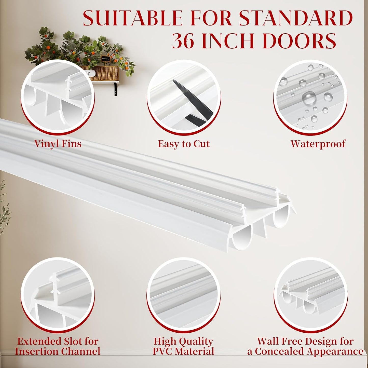 2 Pcs 36" Double Bubble Kerf Door Sweep, 1-3/4" Wide Weatherstrip Seal for Exterior Doors, Draft Stopper for Energy Saving, Windproof & Dustproof Door Bottom Seal